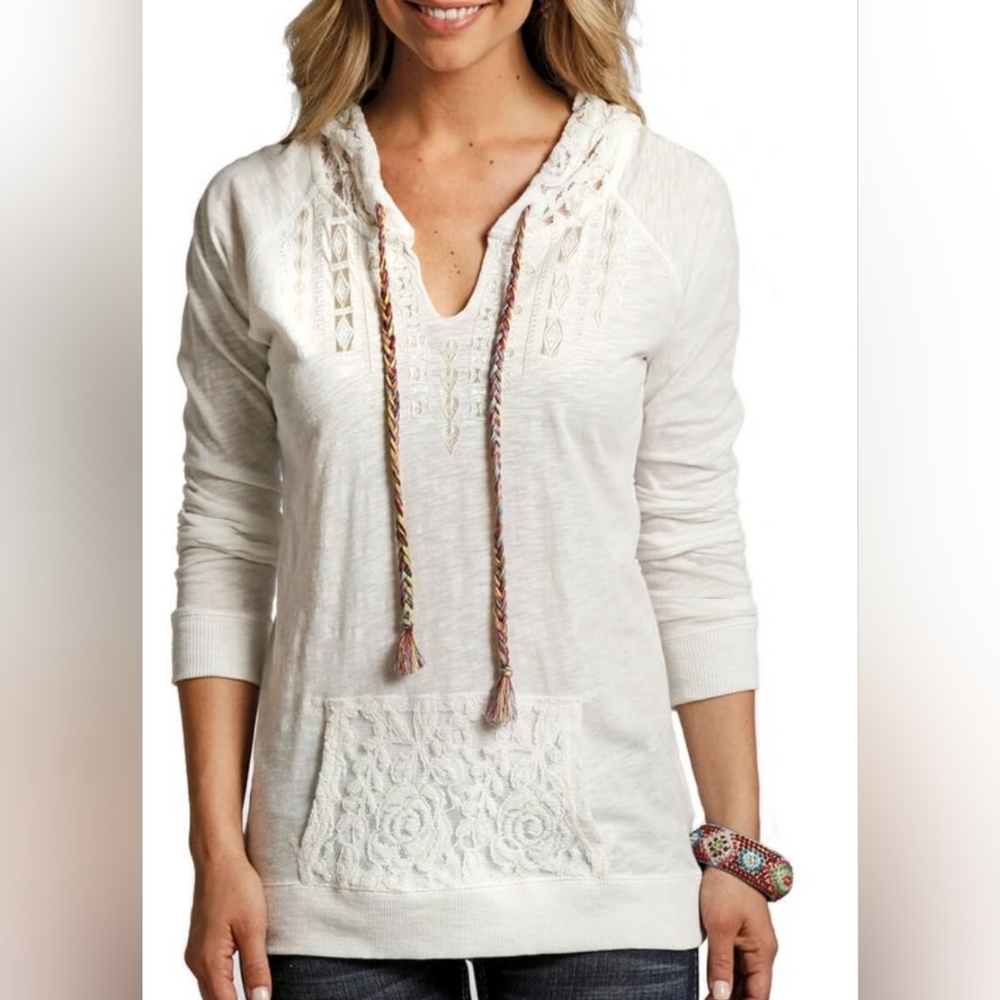 Panhandle Embroidered White Lace Hoodie Top Sz XL Cotton Neutral Angelcore Gypsy